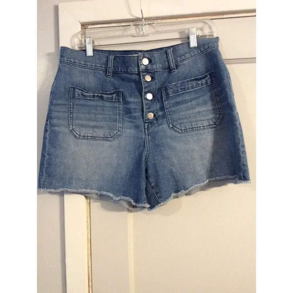 Madewell Patch Pocket Button Up Shorts Cut Off Size 31 Stretch High Waist